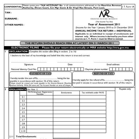 Document preview: Individual Return 1A (for Employees only) — Form, Mauritius (CERFA n°Return1Afinal2011)