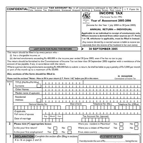 Document preview: Individual Return 1A (for Employees only) — Form, Mauritius (CERFA n°ind1a05)