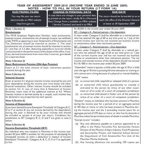 Document preview: Notes on Individual Return 1A — Form, Mauritius (CERFA n°ITFormIANotes0910)