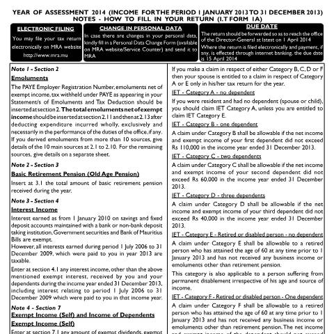 Document preview: Notes on Individual Return 1A — Form, Mauritius (CERFA n°20140120_Notes1A)