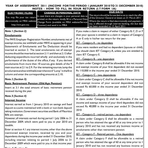 Document preview: Notes on Individual Return 1A — Form, Mauritius (CERFA n°Return1Anotes2011)