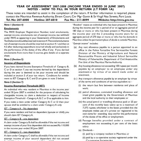 Document preview: Notes on Individual Return 1A — Form, Mauritius (CERFA n°Return1ANotes0708)