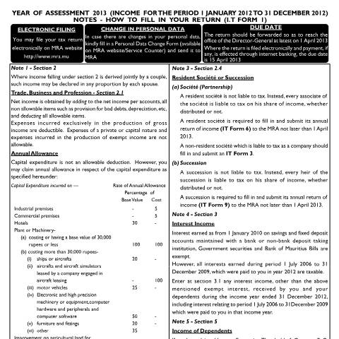 Document preview: Notes on Individual Return 01 — Form, Mauritius (CERFA n°Form01Notes2013)