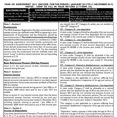 Document preview: Notes on Individual Return 1A — Form, Mauritius (CERFA n°Form1ANotes2013)