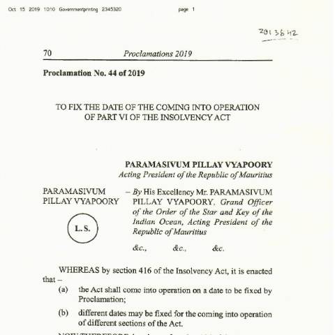 Document preview: Proclamation No 44 of 2019 – Part VI of Insolvency Act — Act / Law, Mauritius (CERFA n°Proclamation-No-44-of-2019-Part-VI-of-Insolvency-Act)