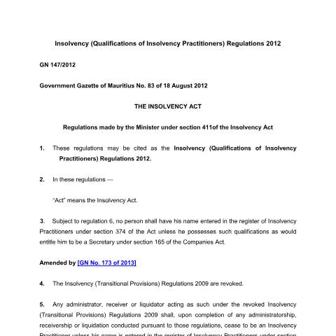 Document preview: insolvency-qualifications-insolvency-practitioners-regulations-no-147-220160528043253842_4 — Regulation / Order, Mauritius (CERFA n°insolvency-qualifications-insolvency-practitioners-regulations-no-147-220160528043253842_4)