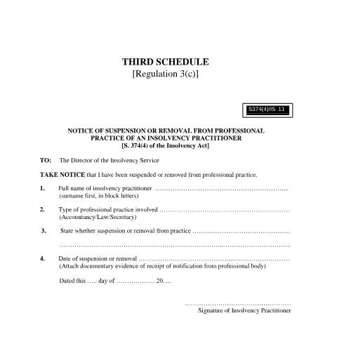 Document preview: Notice of Suspension or Removal from Professional Practice of an Insolvency Practitioner _IS11 — Form, Mauritius (CERFA n°Notice-of-Suspension-or-Removal-from-Professional-Practice-of-an-Insolvency-Practitioner-_IS11)