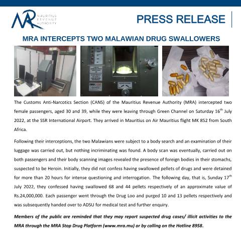 Document preview: MRA intercepts two Malawian drug swallowers — Document, Mauritius (CERFA n°PressReleaseMalawi180722)