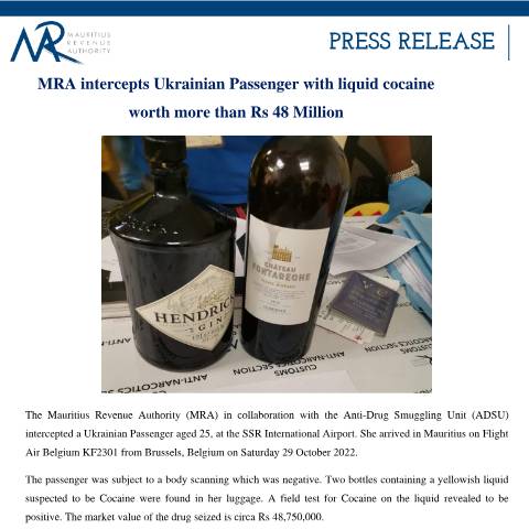 Document preview: MRA intercepts Ukrainian passenger with liquid cocaine worth more than Rs 48 million (31.10.22) — Document, Mauritius (CERFA n°PressRelease301022)