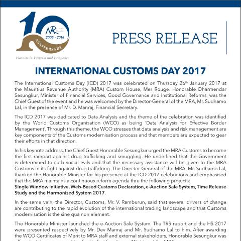 Document preview: International Customs Day 2017 (27.01.17) — Document, Mauritius (CERFA n°PressReleaseICD2017)