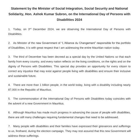 Document preview: Statement by Honorable Minister of Social Integration english version final 03.12.2024 — Document, Mauritius (CERFA n°Statement-by-Honorable-Minister-of-Social-Integration-english-version-final-03.12.2024)