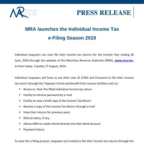 Document preview: MRA launches the Individual Income Tax (27.08.19) — Document, Mauritius (CERFA n°PressRelease270819)