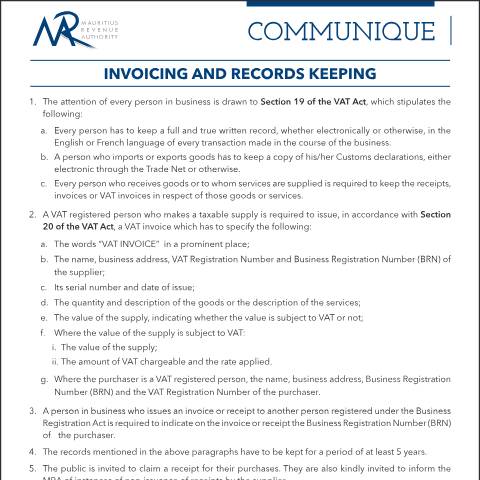 Document preview: Invoicing and Records Keeping (29.11.18) — Document, Mauritius (CERFA n°Invoicing291118)