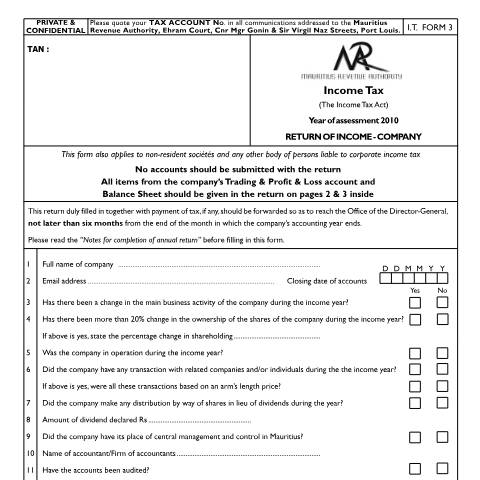 Document preview: I.T Form 3 — Form, Mauritius (CERFA n°ReturnIT03_2010)