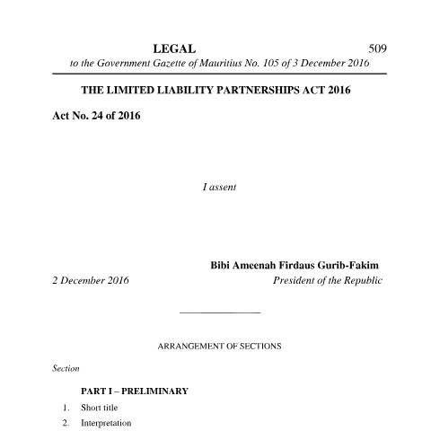 Document preview: Limited Liability Partnership Act 2021 — Act / Law, Mauritius (CERFA n°Limited-Liability-Partnership-Act-2021)