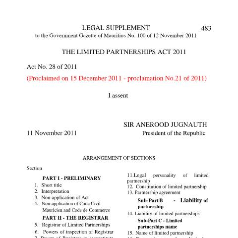 Document preview: Limited Partnership Act 2011(01-09-2025) — Act / Law, Mauritius (CERFA n°Limited-Partnership-Act-201101-09-2025)