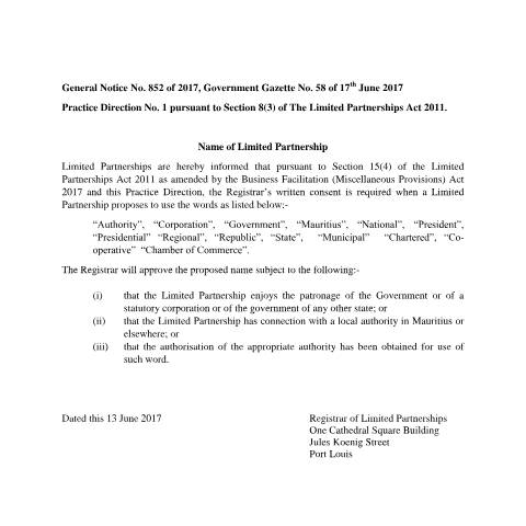 Document preview: GENERAL NOTICE NO. 852 OF 2017, GOVERNMENT GAZETTE NO. 58 OF 17TH JUNE 2017 — Document, Mauritius (CERFA n°GENERAL-NOTICE-NO.-852-OF-2017-GOVERNMENT-GAZETTE-NO.-58-OF-17TH-JUNE-2017)