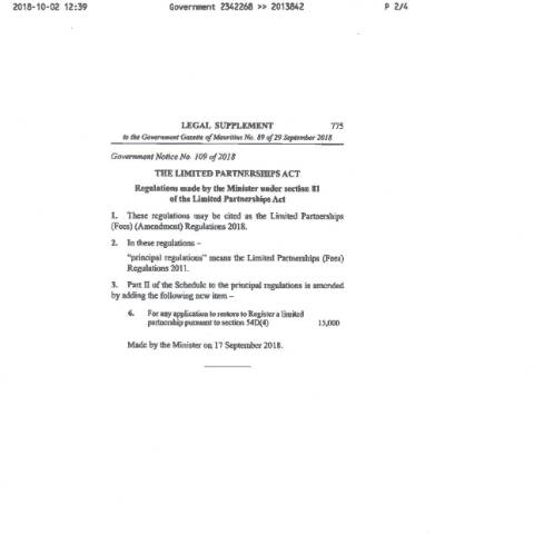 Document preview: Govt Gazette 29 Sept 18 – Limited Partnerships (Fees)(Amendment) Regulations 2018 — Regulation / Order, Mauritius (CERFA n°Govt-Gazette-29-Sept-18-Limited-Partnerships-FeesAmendment-Regulations-2018)