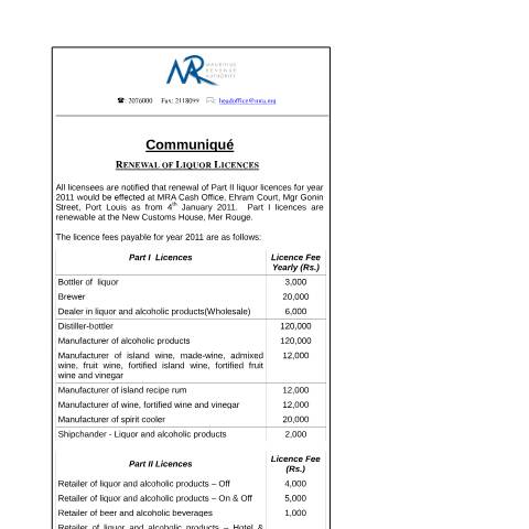 Document preview: Renewal of Liquor Licences (30.12.2010) — Notice / Circular, Mauritius (CERFA n°CommuniqueLiquorLicenceFee)