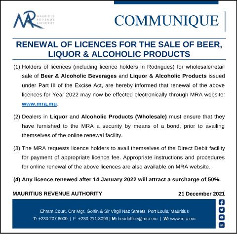 Document preview: Renewal of Licences for Sale of Beer, Liquor &amp; Alcoholic Products (21.12.21) — Notice / Circular, Mauritius (CERFA n°CommuniqueLiquor211221)