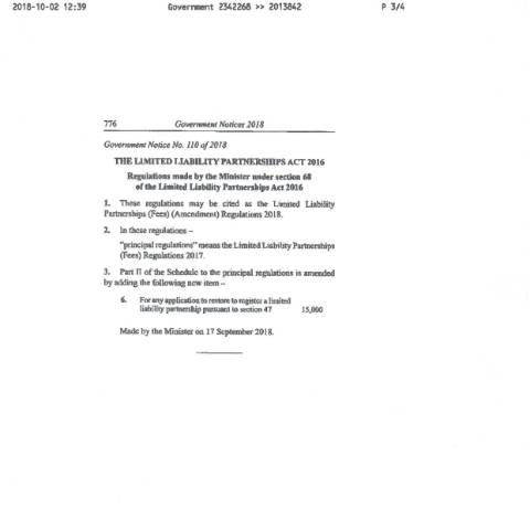 Document preview: Govt Gazette 29 Sept 18 – Limited Liability Partnerships (Fees)(Amendment) Regulations 2018 — Regulation / Order, Mauritius (CERFA n°Govt-Gazette-29-Sept-18-Limited-Liability-Partnerships-FeesAmendment-Regulations-2018)