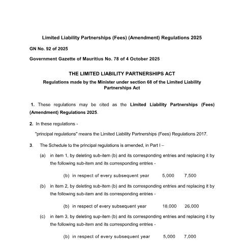 Document preview: no-92-limited-liability-partnerships-fees-amendment-regulations-2025 — Regulation / Order, Mauritius (CERFA n°no-92-limited-liability-partnerships-fees-amendment-regulations-2025)