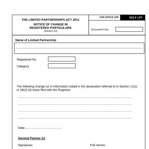 Document preview: NOTICE OF CHANGE IN REGISTERED PARTICULARS_LP7 — Form, Mauritius (CERFA n°NOTICE-OF-CHANGE-IN-REGISTERED-PARTICULARS_LP7)