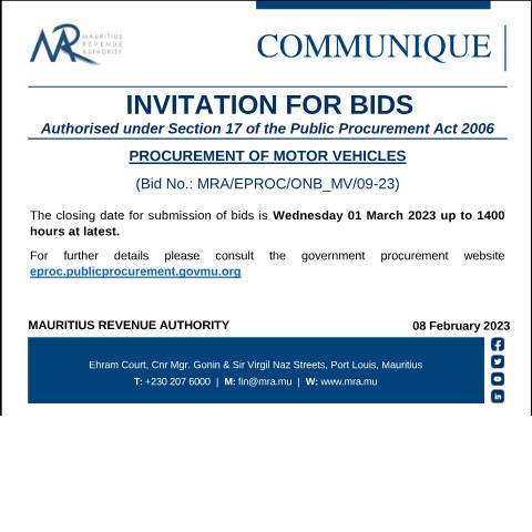 Document preview: Procurement of Motor Vehicles (08.02.23) — Document, Mauritius (CERFA n°BidsMotorVehicles080223)