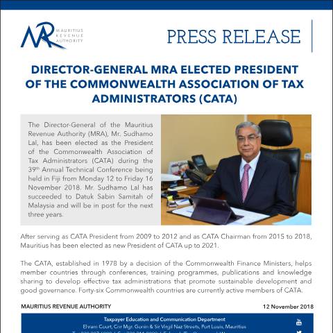 Document preview: Director-General MRA elected president of the Commonwealth Association of Tax Administrators (CATA) - (12.11.18) — Document, Mauritius (CERFA n°PressRelease131118)