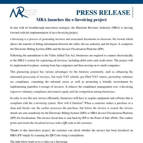 Document preview: MRA launches the e-Invoicing project (26.10.22) — Document, Mauritius (CERFA n°PressRelease-Invoicing261022)