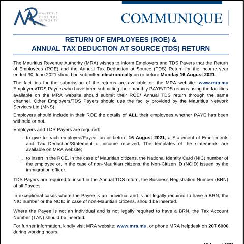 Document preview: Deadline : Return of Employees (ROE) &amp; Annual Tax Deduction at Source (TDS) Return (12.08.21) — Form, Mauritius (CERFA n°CommuniqueROETDS120821)