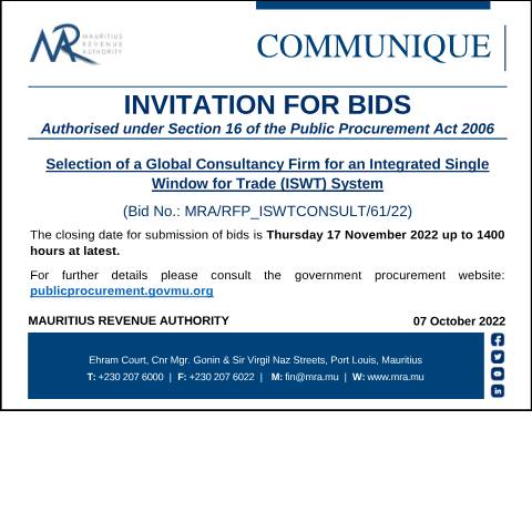 Document preview: Selection of a Global Consultancy Firm for an Integrated Single Window for Trade (ISWT) System (07.10.22) — Notice / Circular, Mauritius (CERFA n°Communique071022)