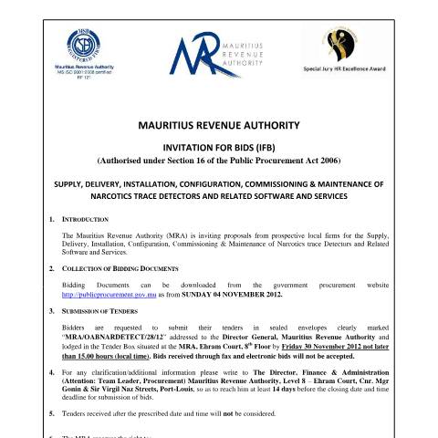 Document preview: Notice for Invitation for Bids - Narcotics Detectors (01.11.2012) — Document, Mauritius (CERFA n°NoticeNarcoticsTenderNov2012)