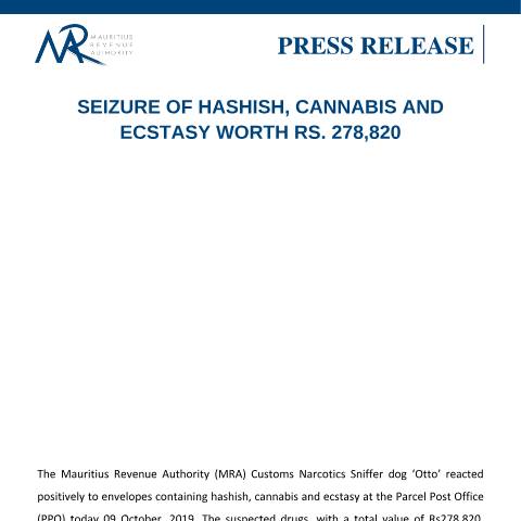 Document preview: Seizure of Hashish, Cannabis and Ecstasy worth Rs. 278,820 (09.10.19) — Document, Mauritius (CERFA n°PressRelease091019)