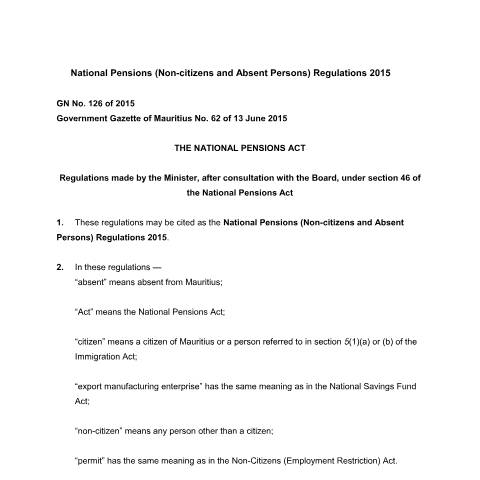 Document preview: no-126-national-pensions-non-citizens-and-absent-persons-regulations-2015 — Regulation / Order, Mauritius (CERFA n°no-126-national-pensions-non-citizens-and-absent-persons-regulations-2015)