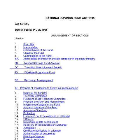 Document preview: NATIONAL SAVINGS FUND ACT 1995 — Act / Law, Mauritius (CERFA n°NATIONAL-SAVINGS-FUND-ACT-1995)