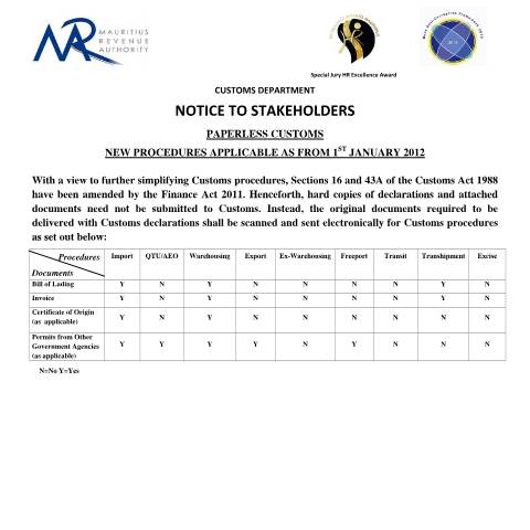 Document preview: New procedures Applicable as from 1.1.2012 - Paperless Customs (24.12.11) — Document, Mauritius (CERFA n°NoticePaperlessCustoms)