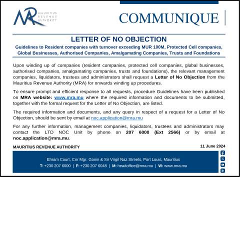 Document preview: Letter of No Objection (11.06.24) — Notice / Circular, Mauritius (CERFA n°CommuniqueNoObjection110624)