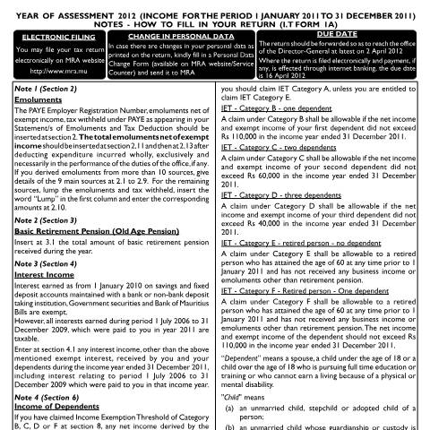 Document preview: Notes on Individual Return 1A — Form, Mauritius (CERFA n°Return2012Notes1A)