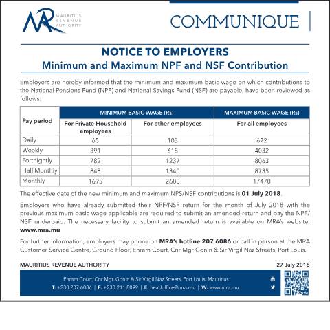 Document preview: Notice to Employers: Minimum and Maximum NPF and NSF Contribution (27.07.18) — Document, Mauritius (CERFA n°Notice270718)