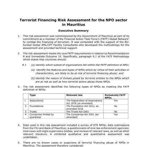 Document preview: Executive Summary_NPO Risk Assessment — Document, Mauritius (CERFA n°Executive-Summary_NPO-Risk-Assessment)