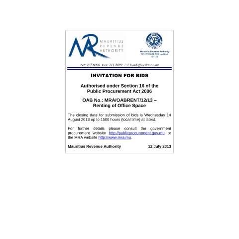 Document preview: Renting of Office Space (12.07.2013) — Notice / Circular, Mauritius (CERFA n°CommuniqueRentingOffice2013)
