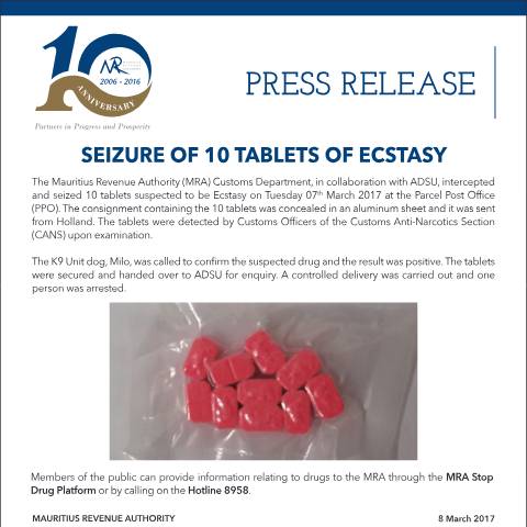 Document preview: Seizure of 10 tablets of Ecstasy (08.03.17) — Document, Mauritius (CERFA n°DrugSeizure080317)