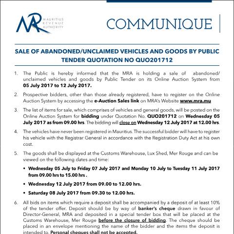 Document preview: Sale of Abandoned / Unclaimed Goods by Public Tender (05.07.17) — Form, Mauritius (CERFA n°CommuniqueQ12of2017)