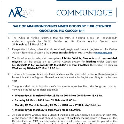 Document preview: Sale of Abandoned / Unclaimed Goods by Public Tender (20.03.18) — Form, Mauritius (CERFA n°CommuniqueQ11of2018)