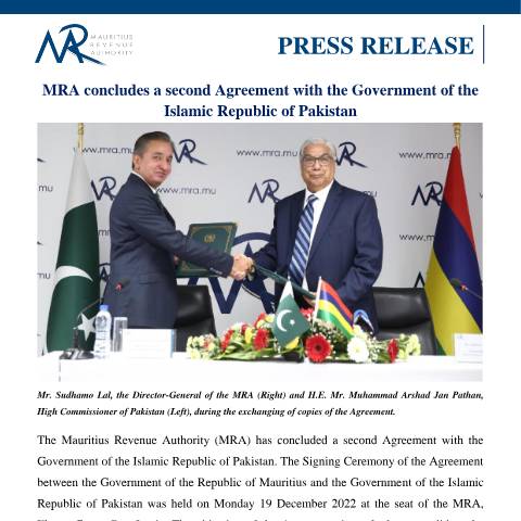 Document preview: MRA concludes a second Agreement with the Government of the Islamic Republic of Pakistan (20.12.22) — Document, Mauritius (CERFA n°MOUSignature201222)