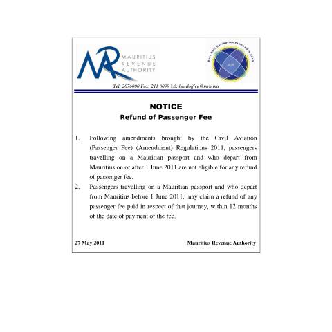 Document preview: Refund of Passenger Fee (27.05.2011) — Document, Mauritius (CERFA n°NoticeRefundPassengerFee)