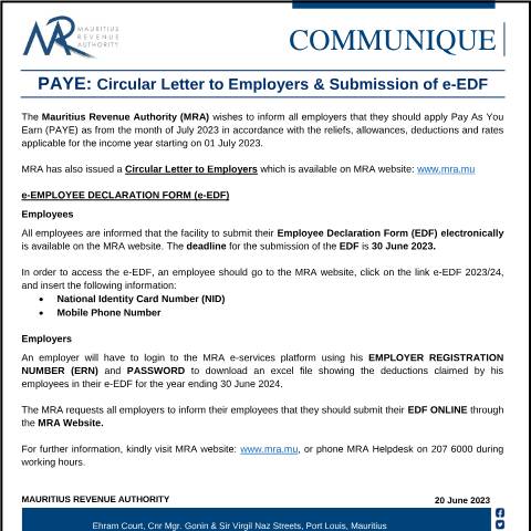 Document preview: PAYE : Circular Letter to Employers &amp; Submission of e-EDF (20.06.23) — Notice / Circular, Mauritius (CERFA n°CommuniquePAYE200623)