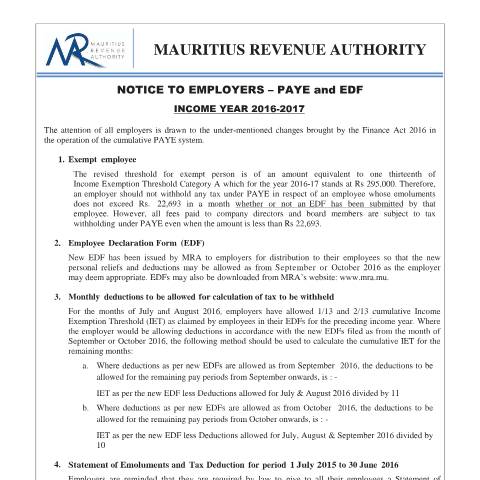 Document preview: Notice To Employers : PAYE and EDF (09.09.16) — Document, Mauritius (CERFA n°PAYENotice090916)