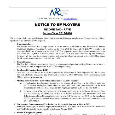 Document preview: Notice to Employers - PAYE (16.06.15) — Document, Mauritius (CERFA n°PAYE-NoticeEmployers160615)